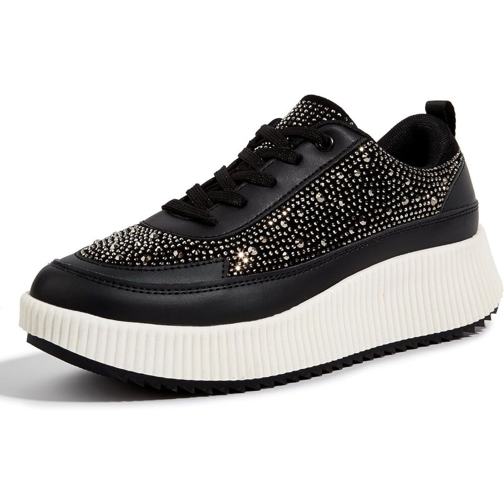 Lucky Step Women's Black Rhinestone Platform Sneakers Fashion Chunky Shoes
